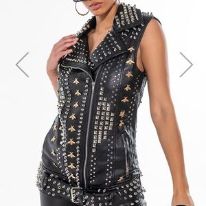 AZALEA WANG BEEHIVE STUDDED OUT OVERSIZED MOTO VEST